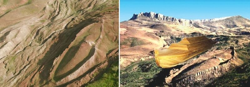 Ο γεωλογικός σχηματισμός στο Όρος Αραράτ (αριστερά). Φανταστική εικόνα της Κιβωτού (δεξιά).