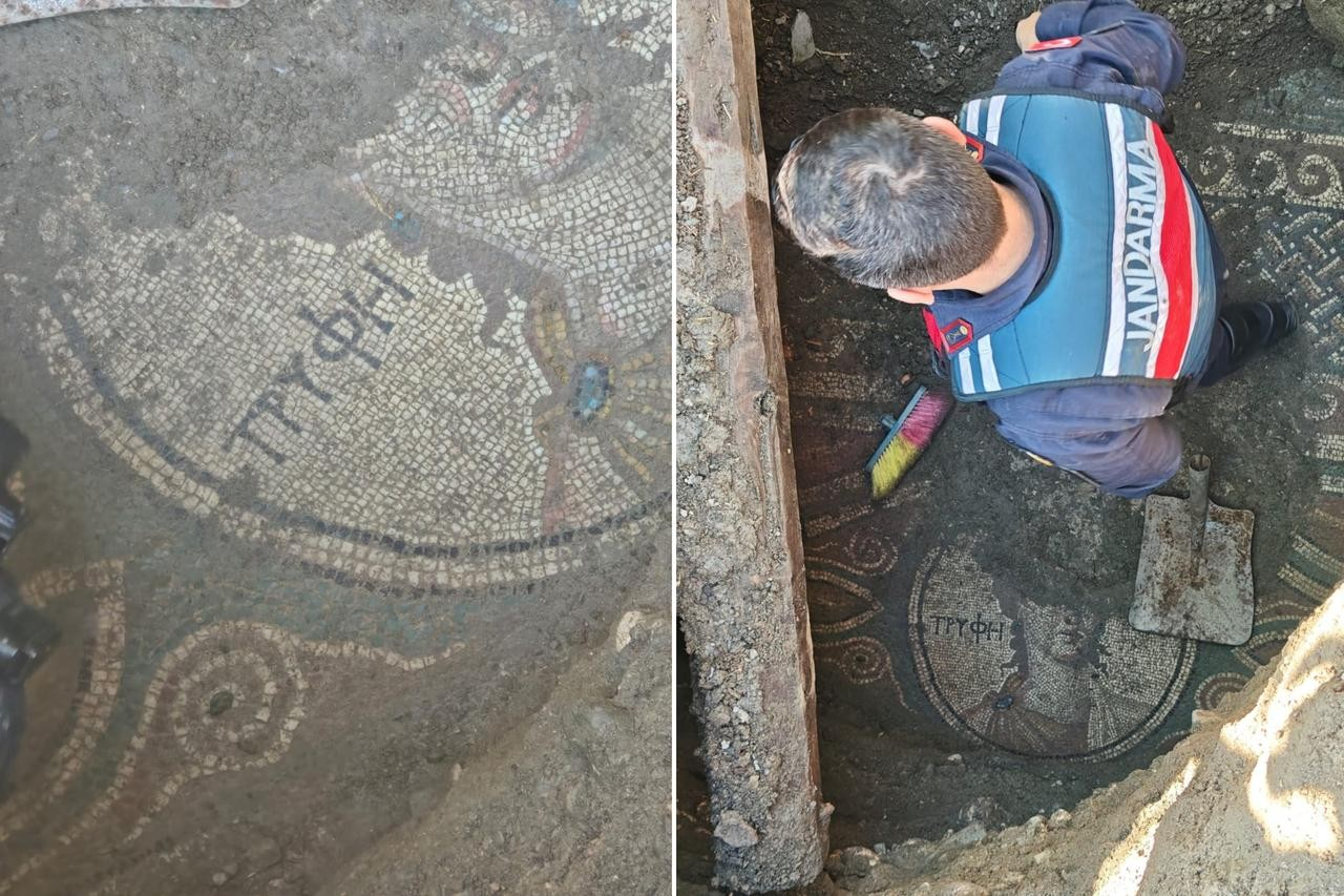 Επιγραφή και αναπαράσταση της Τρυφής σε ρωμαϊκό μωσαϊκό 1.800 ετών που ανακαλύφθηκε στην αρχαία πόλη Όλβη.
