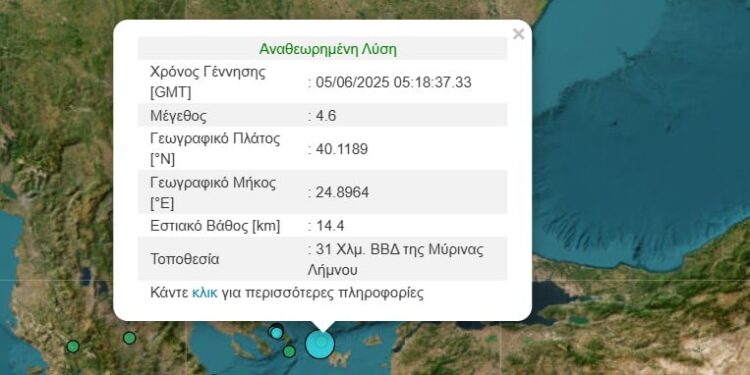 Σεισμός 4,6 Ρίχτερ ανοιχτά της Λήμνου
