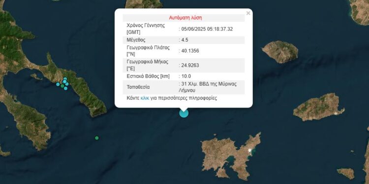 Σεισμός 4,5 Ρίχτερ ανοιχτά της Λήμνου