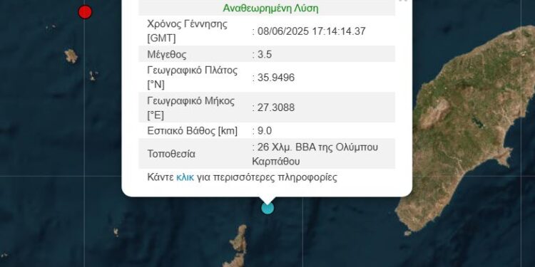 Σεισμός 3,5 Ρίχτερ ανοιχτά της Καρπάθου